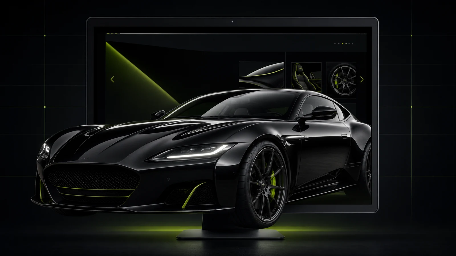 Carro de luxo saindo de um monitor que apresenta uma Landing Page para Estética Automotiva